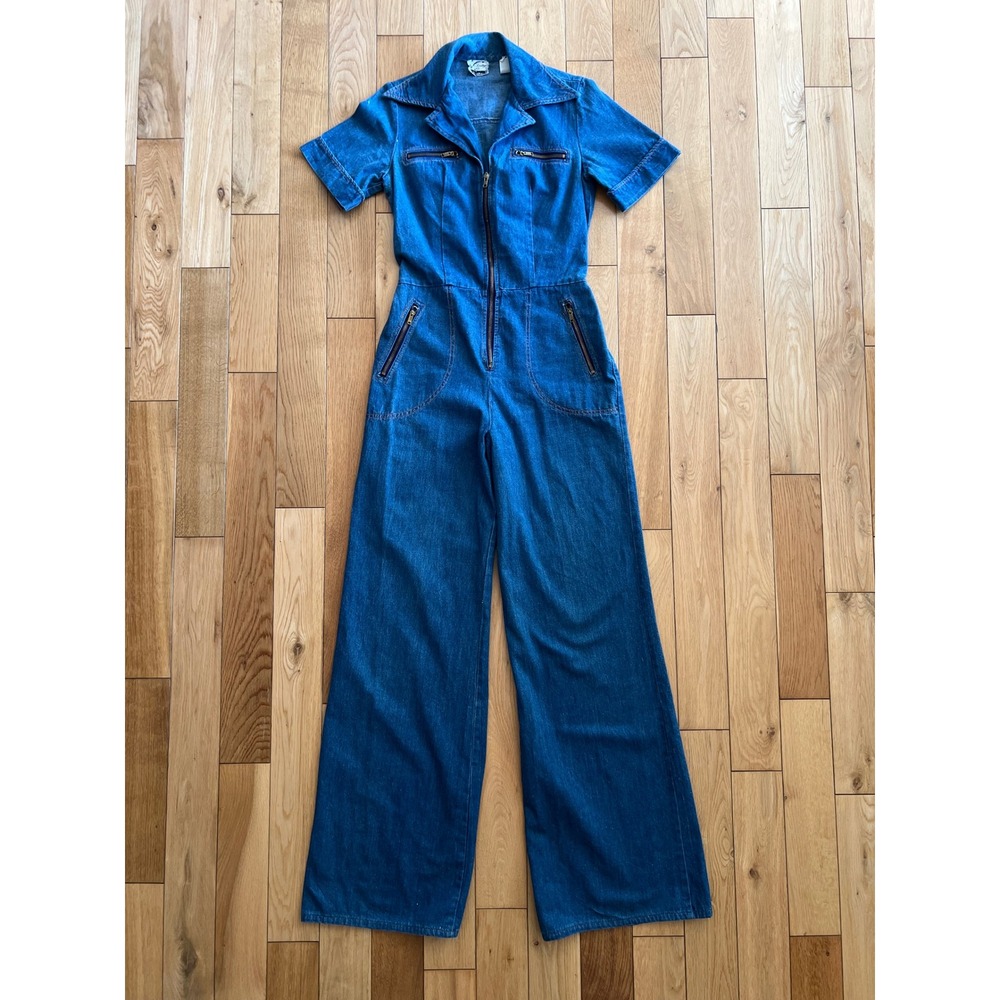 Vintage 1970s Christopher Lee Williams Denim Zip Front Wide Leg Jumpsuit Sz 9/10